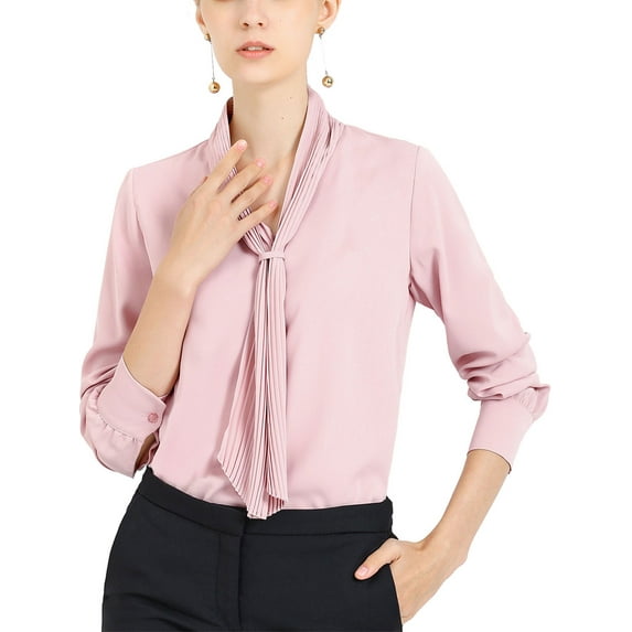 INSPIRE CHIC Inspired Women's Long Sleeve Blouses Chiffon Pleated Tie Neck Office Top Shirt M Pink