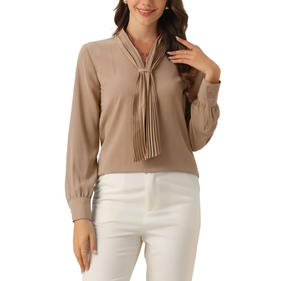 INSPIRE CHIC Women's Long Sleeve Blouses Chiffon Pleated Tie Neck Office Top Shirt S Khaki