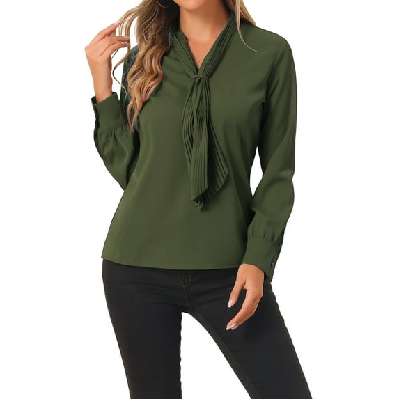 INSPIRE CHIC Women's Long Sleeve Blouses Chiffon Pleated Tie Neck Office Top Shirt XL Army Green
