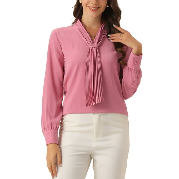 INSPIRE CHIC Women's Long Sleeve Blouses Chiffon Pleated Tie Neck Office Top Shirt XL Dusty Pink