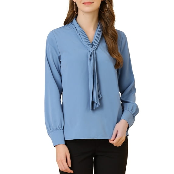 INSPIRE CHIC Women's Long Sleeve Blouses Chiffon Pleated Tie Neck Office Top Shirt XS Blue