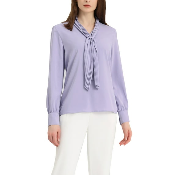 INSPIRE CHIC Women's Long Sleeve Blouses Chiffon Pleated Tie Neck Office Top Shirt XS Light Purple