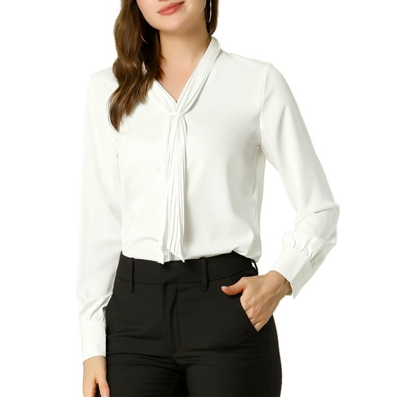 INSPIRE CHIC Women's Long Sleeve Blouses Chiffon Pleated Tie Neck Office Top Shirt XS White