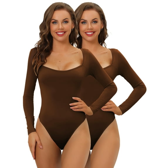 NOMADIC NOOK Women's Long Sleeve Bodysuit Shapewear Slim Fit Stretchy Square Neck Leotard Jumpsuit 2 Packs