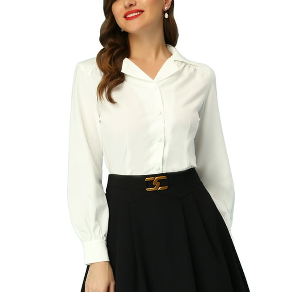 INSPIRE CHIC Women's Long Sleeve Button Down Shirt Vintage Collared Work Blouse XS White