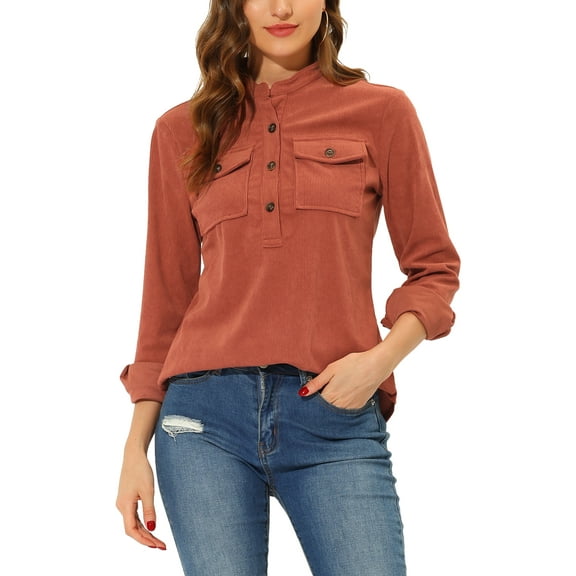INSPIRE CHIC Women's Long Sleeve Button Front Pockets Casual Corduroy Blouse X-Small Red Orange