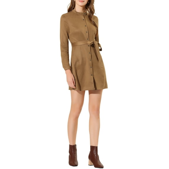 INSPIRE CHIC Women's Long Sleeve Casual Faux Suede Belted Elegant Button Down Mini Dresses Brown XS