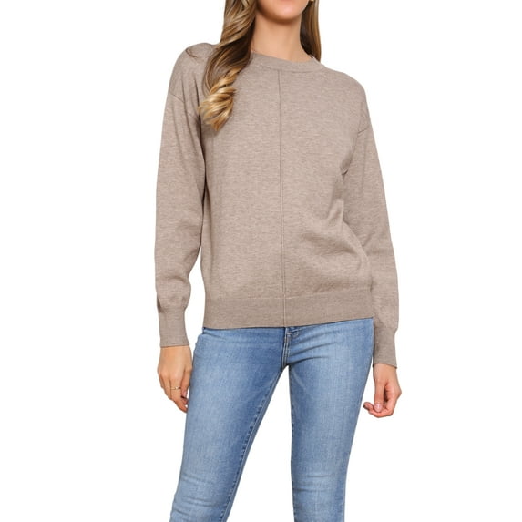 INSPIRE CHIC Women's Long Sleeve Crew Neck Fall Soft Basic Pullover Sweaters Top L Khaki Brown