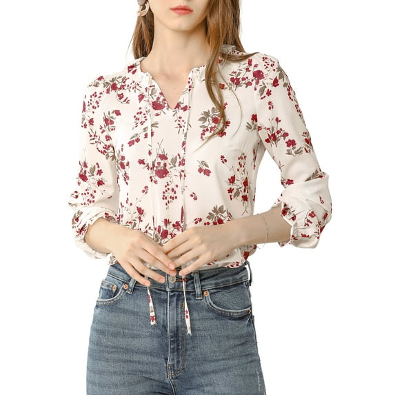 INSPIRE CHIC Women's Ruffled Sleeve Blouse Frill Neck Self Tie Elegant Chiffon Floral Top S Ivory
