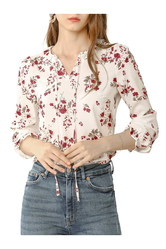Women's Ruffled Sleeve Blouse Frill Neck Self Tie Elegant Chiffon Floral Top S Ivory