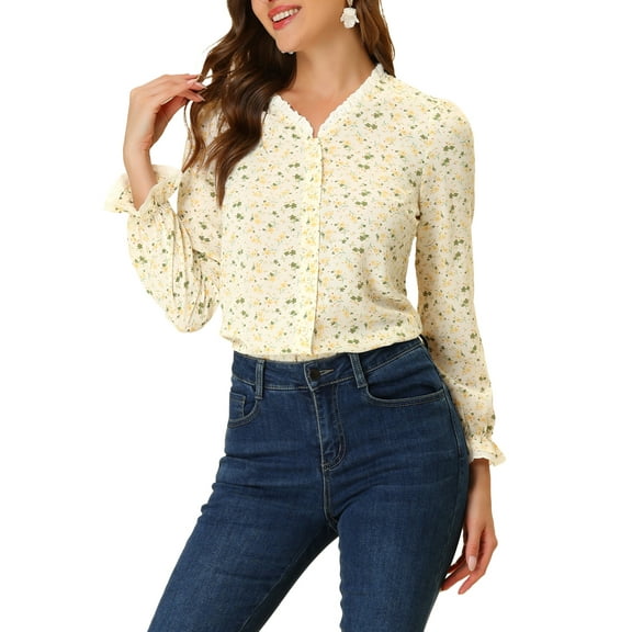 INSPIRE CHIC Women's Long Sleeve Lace Trim V Neck Button Up Floral Blouse Cream S