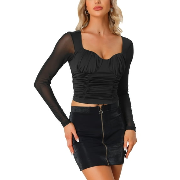 INSPIRE CHIC Women's Long Sleeve Mesh Sweetheart Neck Ruched Blouse with Padded Bust XS Black