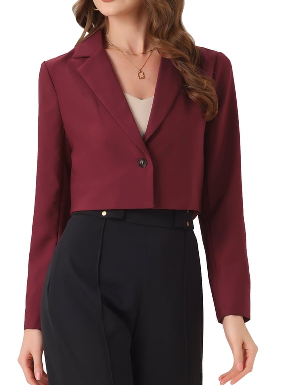 Women's Long Sleeve Open Front Notched Lapel Business Cropped Blazer Jackets XS Dark Red