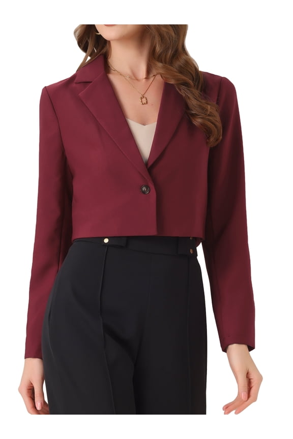 Allegra K Women's Long Sleeve Open Front Notched Lapel Business Cropped Blazer Jackets XS Dark Red