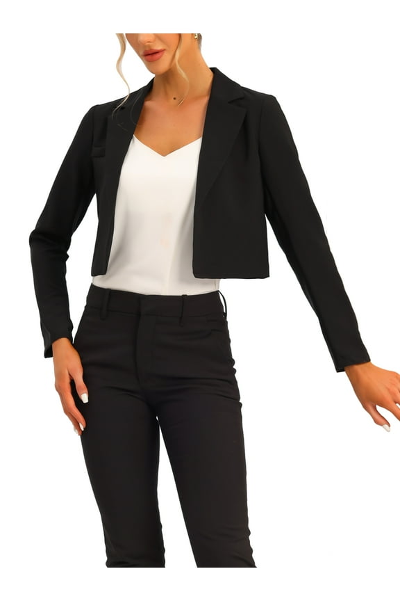 Women's Long Sleeve Open Front Notched Lapel Business Cropped Blazer Jackets XS Black