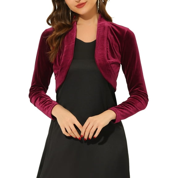 INSPIRE CHIC Women's Long Sleeve Open Front Velvet Cropped Bolero Shrug XL Burgundy
