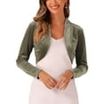 thumbnail image 1 of INSPIRE CHIC Women's Long Sleeve Open Front Velvet Cropped Bolero Shrug XS Olive Green, 1 of 7