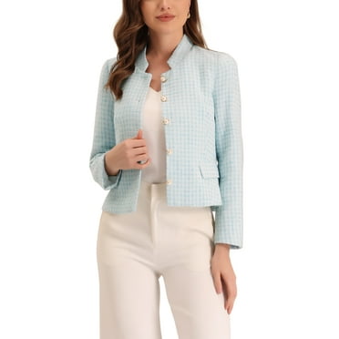 Allegra K Women's Long Sleeve Plaid Tweed Blazer Button Down Work Short Jacket XS Light Blue