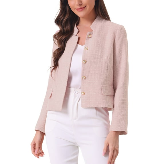 INSPIRE CHIC Women's Long Sleeve Plaid Tweed Blazer Button Down Work Short Jacket L Pink