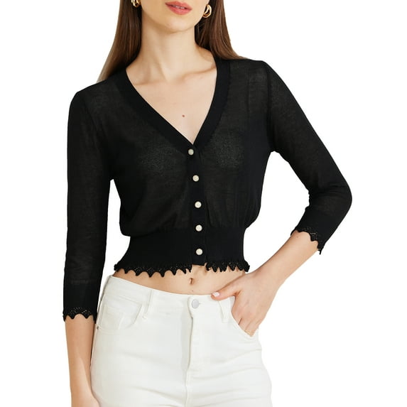 INSPIRE CHIC Women's Long Sleeve Ruffle Button Down Summer Casual Knit Cardigan Top L Black