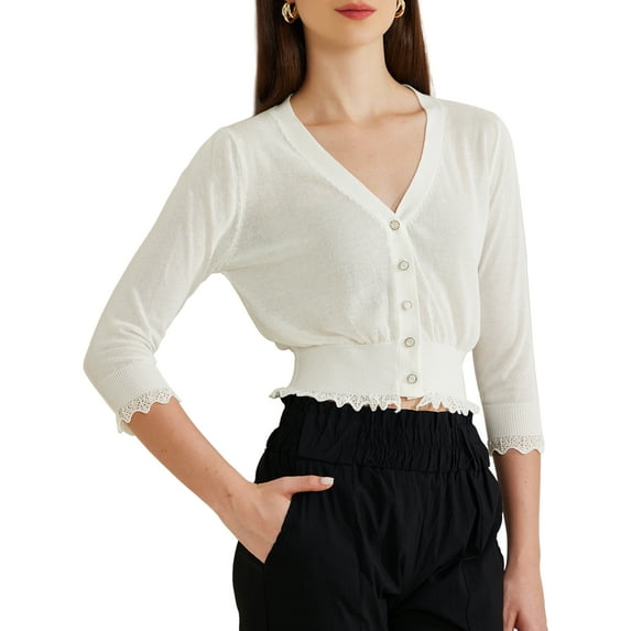 INSPIRE CHIC Women's Long Sleeve Ruffle Button Down Summer Casual Knit Cardigan Top L White