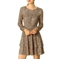 thumbnail image 1 of INSPIRE CHIC Women's Leopard Long Sleeve Smock Layered Ruffle Hem Dress Light Brown M, 1 of 8