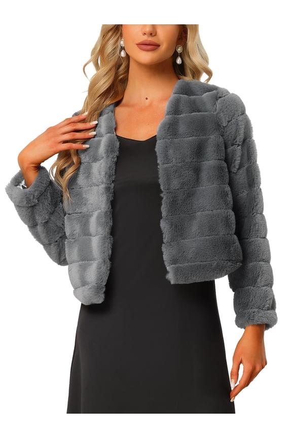 Women's Long Sleeve Solid Color Collarless Shaggy Soft Faux Fur Coat XS Gray