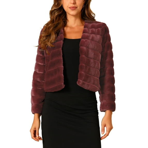 INSPIRE CHIC Women's Long Sleeve Solid Color Collarless Shaggy Soft Faux Fur Coat S Dark Red