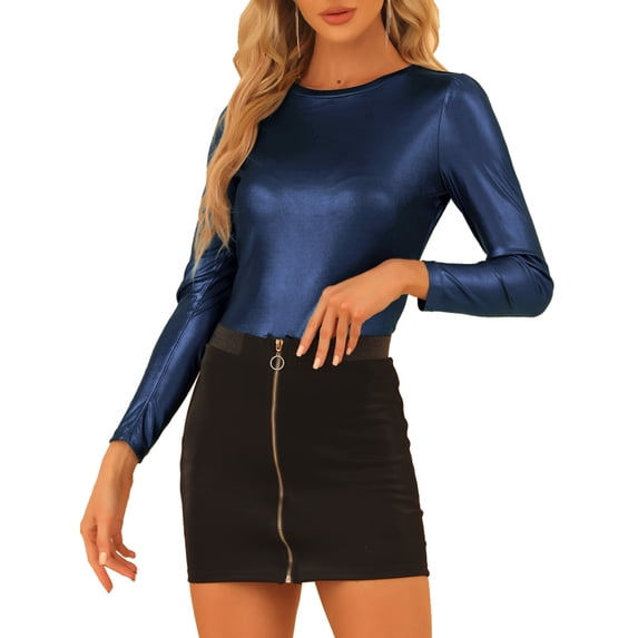 INSPIRE CHIC Women's Top Long Sleeve Sparkly Glitter Shiny Metallic Tops L Navy Blue
