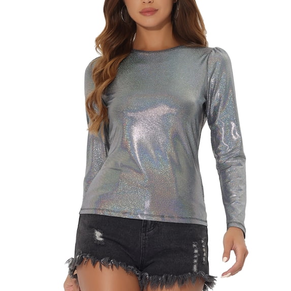 INSPIRE CHIC Women's Top Long Sleeve Sparkly Glitter Shiny Metallic Tops M Black Multicolor