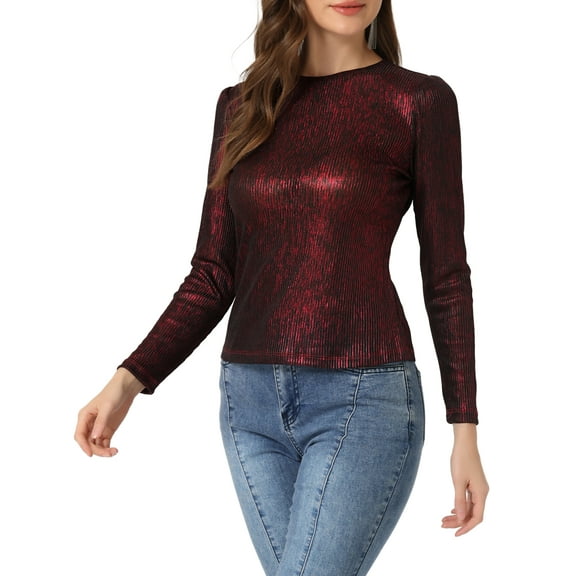INSPIRE CHIC Women's Top Long Sleeve Sparkly Glitter Shiny Metallic Tops M Black Red