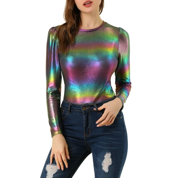 INSPIRE CHIC Women's Top Long Sleeve Sparkly Glitter Shiny Metallic Tops XS Multicolor