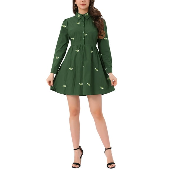 INSPIRE CHIC Women's Valentine's Day Dress Long Sleeves Turn Down Collar Button Floral Mini Shirt Dresses L Green