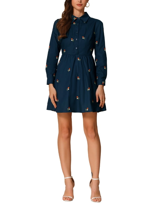 Women's Dress Long Sleeves Turn Down Collar Button Floral Mini Shirt Dress Navy Blue M