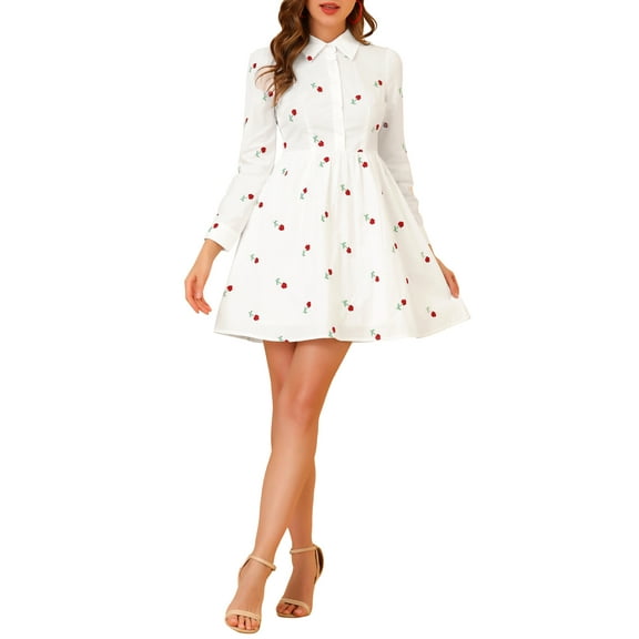 INSPIRE CHIC Women's Valentine's Day Dress Long Sleeves Turn Down Collar Button Floral Mini Shirt Dresses S White