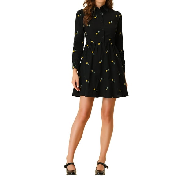 INSPIRE CHIC Women's Valentine's Day Dress Long Sleeves Turn Down Collar Button Floral Mini Shirt Dresses XS Black