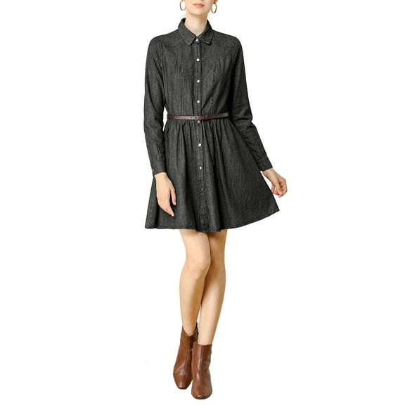 INSPIRE CHIC Women's Long Sleeves Above Knee Denim Shirt Dress with Belt L Black