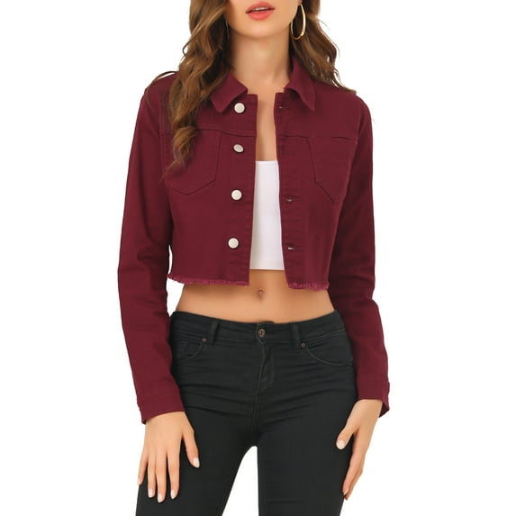INSPIRE CHIC Women's Jean Jacket Frayed Button Up Washed Cropped Denim Jacket Burgundy S