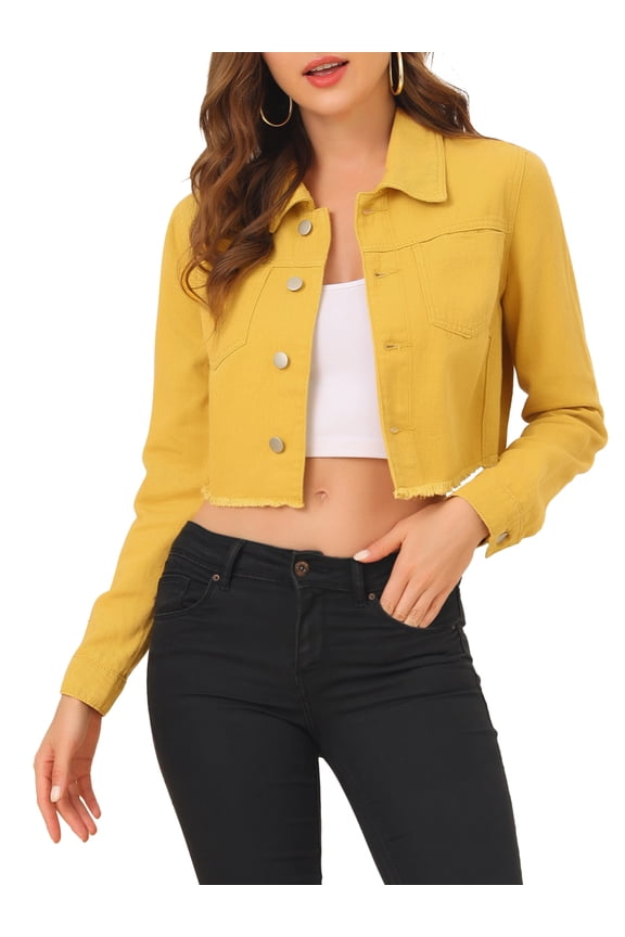 Women's Turn Down Frayed Button Down Spring Summer Washed Cropped Denim Jacket Mustard S