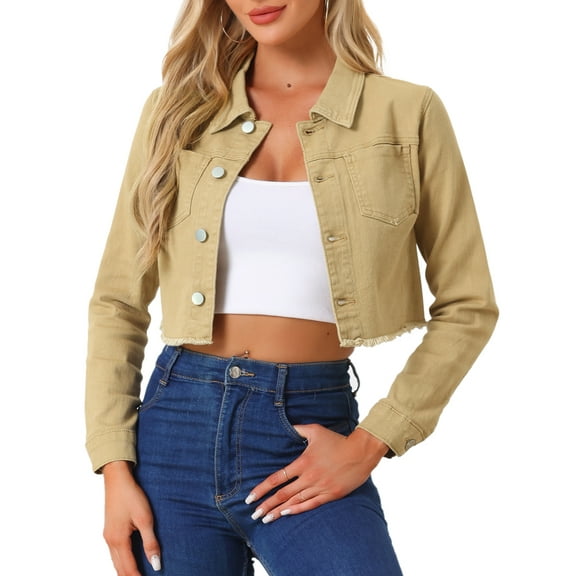 INSPIRE CHIC Women's Jean Jacket Frayed Button Up Washed Cropped Denim Jacket Khaki XL