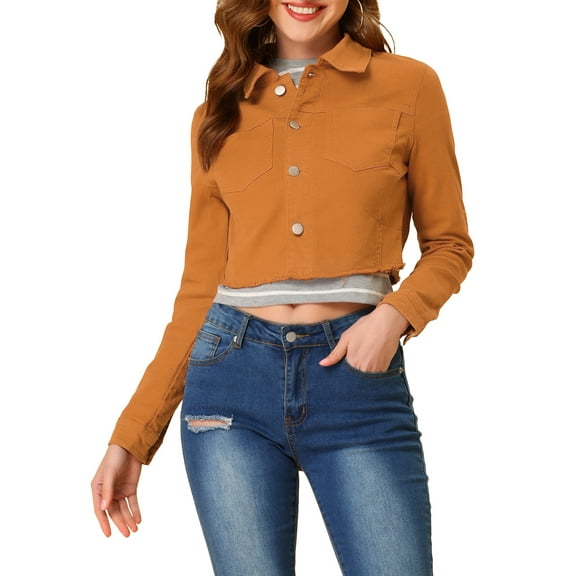 INSPIRE CHIC Women's Jean Jacket Frayed Button Up Washed Cropped Denim Jacket Brown XS