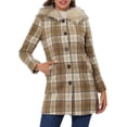 thumbnail image 1 of INSPIRE CHIC Women's Long Sleeves Detachable Faux Fur Trim Plaid Overcoat with Hood Light Brown L, 1 of 7