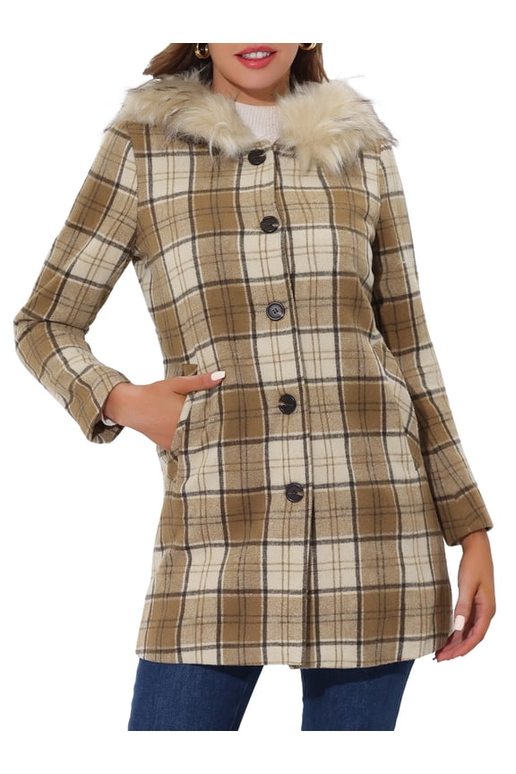 Women's Long Sleeves Detachable Faux Fur Trim Plaid Overcoat with Hood Light Brown L