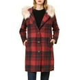 thumbnail image 1 of INSPIRE CHIC Women's Long Sleeves Detachable Faux Fur Trim Plaid Overcoat with Hood Red Black S, 1 of 7