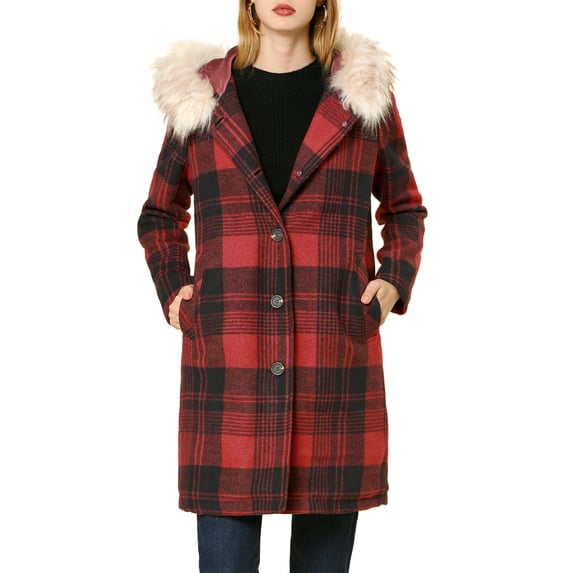 INSPIRE CHIC Women's Long Sleeves Detachable Faux Fur Trim Plaid Overcoat with Hood Red Black S