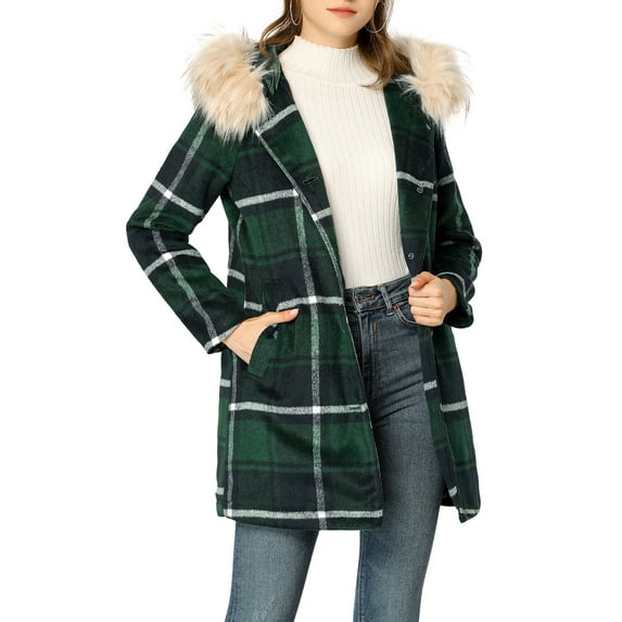 INSPIRE CHIC Women's Long Sleeves Detachable Faux Fur Trim Plaid Overcoat with Hood Green XL
