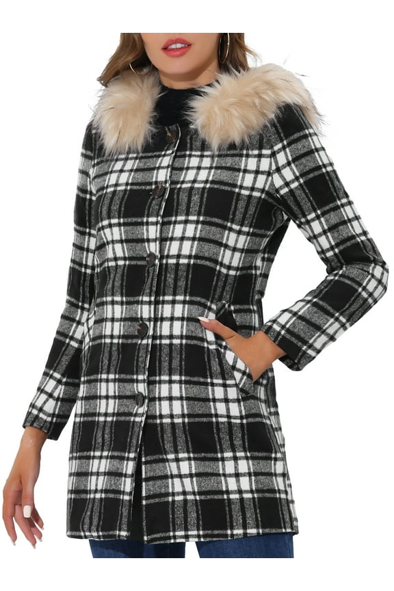 Women's Long Sleeves Detachable Faux Fur Trim Plaid Overcoat with Hood Black&White M