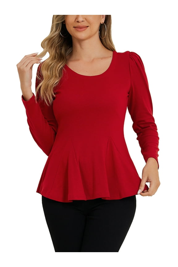 Women's Tops Long Sleeves Scoop Neck Casual Peplum Shirts XS Red