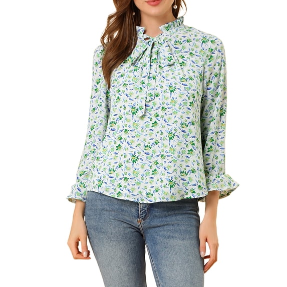 INSPIRE CHIC Women's Long Sleeves Tie Neck Ruffle Collar Floral Print LeisureTop S White Green