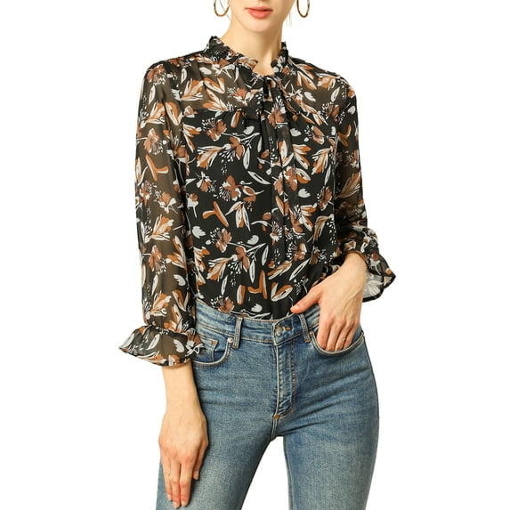 Allegra K Women's Long Sleeves Tie Neck Ruffle Collar Floral Print LeisureTop